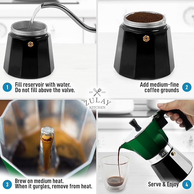 Zulay Kitchen Stovetop Espresso Maker - Moka Pot 6 Espresso Cups - Percolator Coffee Maker for Classic Cuban & Italian Style Espresso - Portable Coffee Maker for Camping & Travel - (Green/Black)
