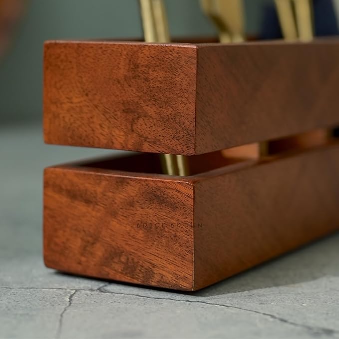Brick Brown Premium Handcrafted 3-Partition Wooden Cutlery Holder Storage Spoon, Knife, Fork, Chopstick Caddy Self Organizer Stand for Home Kitchen Tableware Restaurant in Mahogany(9.1x3x3.9Inch)