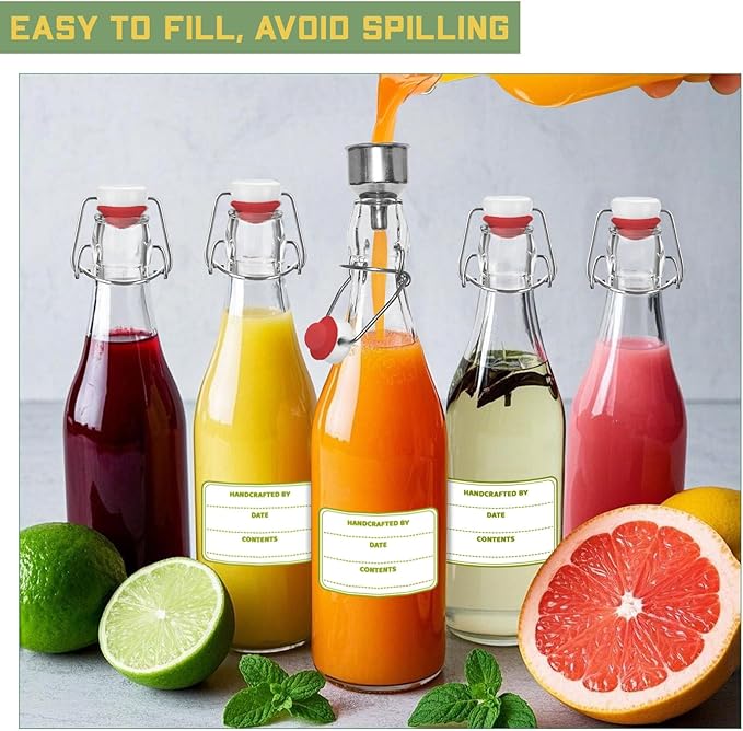 6 Pack [0.48 Liter / 16 fl. oz.] Swing Top Glass Bottles – Airtight Flip Top Brewing Bottles for Kombucha, Beer, Wine, Kefir, Soda, Liquor – Includes Funnel, 2 Pourers, 6 Seals, 8 Labels & Jute Twine