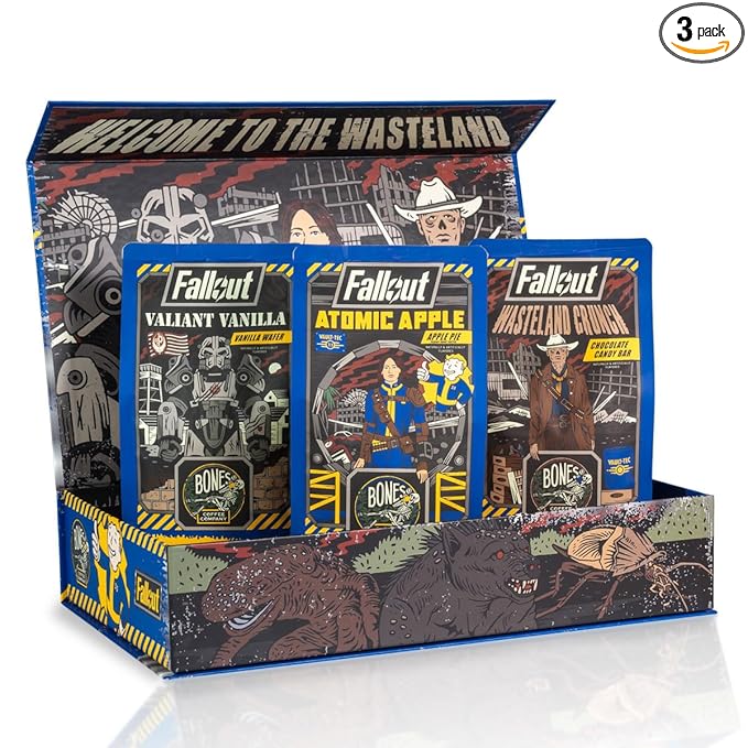 Bones Coffee Company Fallout Collector's Box Flavored Coffee, Low Acid Medium Roast Arabica Beans Coffee Gifts, Fallout Series Inspired, For Auto Drip and French Press,12 oz Pack of 3 Ground