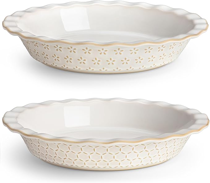 MALACASA 9 Inch Pie Pan, Embossed Deep Dish Plate, 45 OZ Round Quiche Baking Dish for Oven, Fluted for Apple Pie and Quiche, Set of 2, Series LYDIA