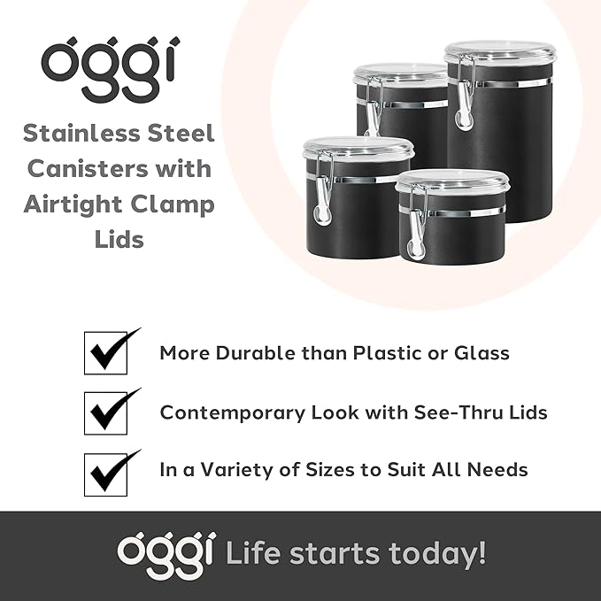 Oggi Stainless Steel Kitchen Canister 26 fl oz, Black - Airtight Clamp Lid, Clear See-Thru Top - Ideal for Kitchen Storage, Food Storage, Pantry Storage. Size 5" x 3.5".