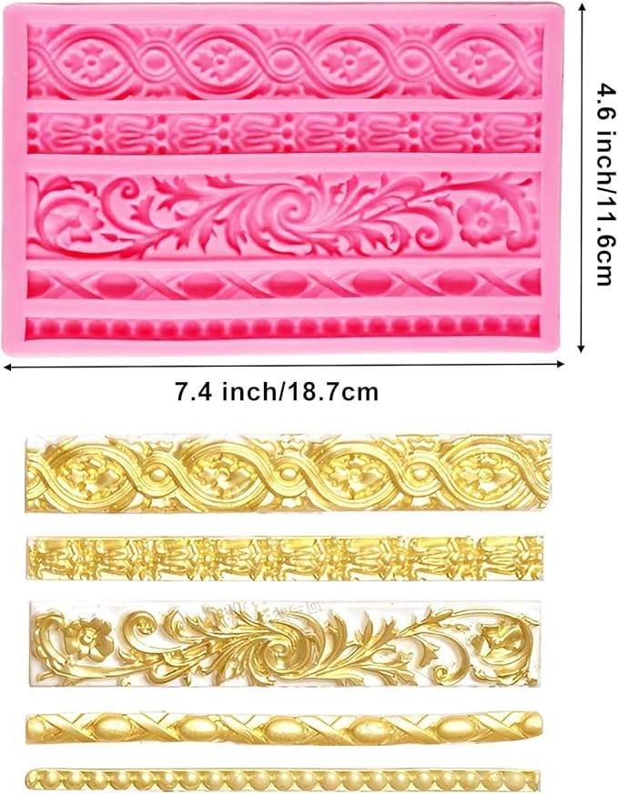 Silicone Fondant Molds, AIMEIKI 3 Pack 3D Baroque Fondant Molds Scroll Border Lace Silicone Molds Curlicues Gum Paste Candy Chocolate Molds for Birthday Wedding Party DIY Cake