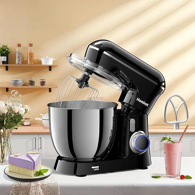 Stand Mixer, 6.5QT 10-Speed Tilt-Head Electric Stand Mixer, 3-In-1 Kitchen Mixer with Bowl, Dough Hook, Whisk and Beater, Food Mixer for Baking, Cake and Most Home Cooks, Black
