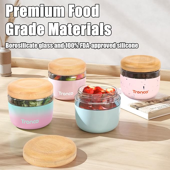 Tronco 24 oz Glass Container with Bamboo Lids, Food Storage Bowls for Soup, Stew & Overnight Oats, Meal Prep, Glass Lunch Bowl Container 100% Leak & Spill Proof, Airtight, BPA-Free- Ideal Gifts