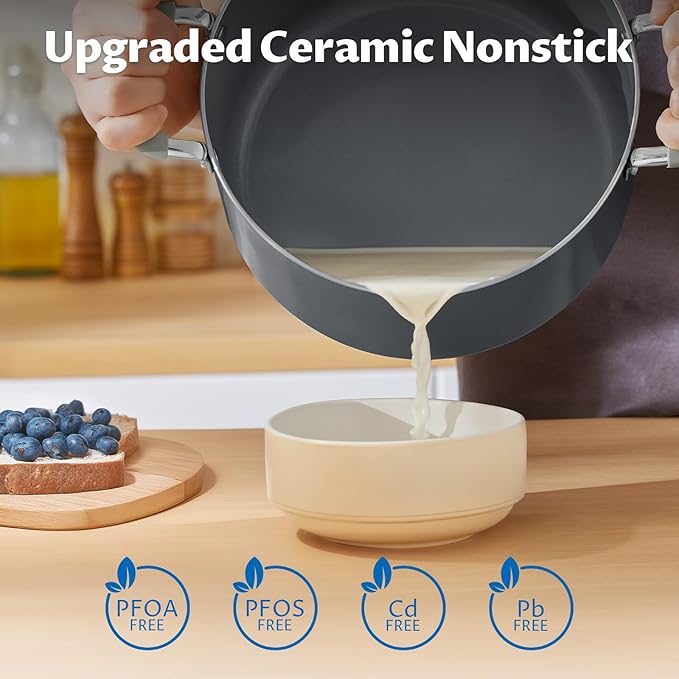 6 Quart Nonstick Stock Pot with Lid, BEZIA Ceramic Soup Pot with Lid, Induction Cooking Pots with Silicone Handle, Compatible with All Cooktops, Dishwasher Safe