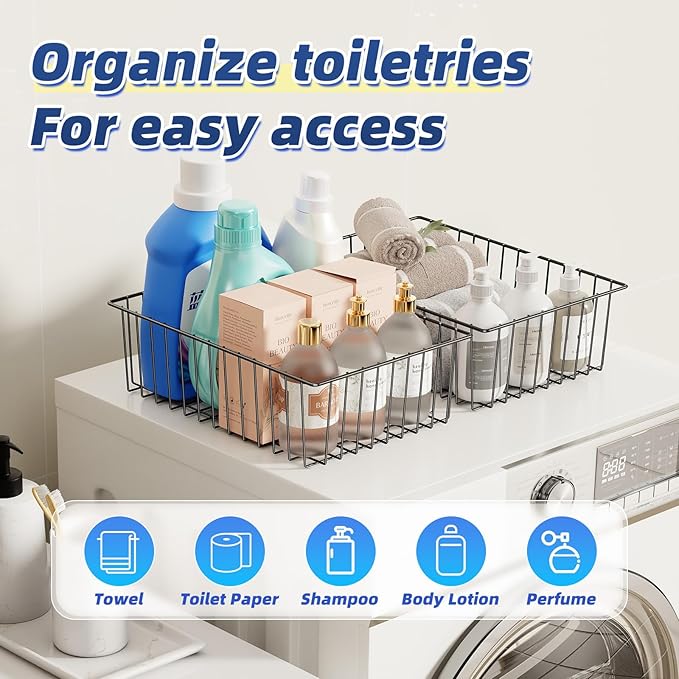 Simple Trending 6 Pack Large Wire Baskets for Organization, Metal Pantry Storage Baskets for Cabinet, Kitchen, Garage, Bathroom, Black
