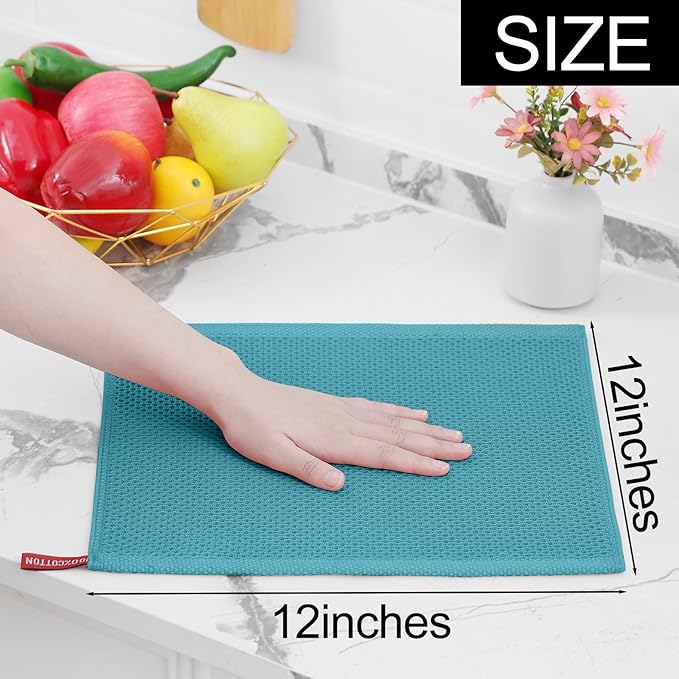 Homaxy 100% Cotton Waffle Weave Kitchen Dish Cloths, Ultra Soft Absorbent Quick Drying Dish Towels, 12 x 12 Inches, 8-Pack, Lake Blue