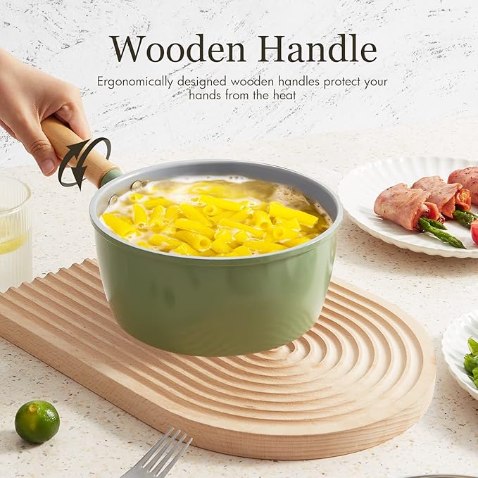 ROCKURWOK Ceramic Nonstick Sauce Pan with Lid, 1.5 Qt Small Pots for Cooking, Small Pot Wooden Handle for Cool Touch, Non Toxic & Pfas-Free Saucepan, Universal Base(Gas, Electric & Induction), Green