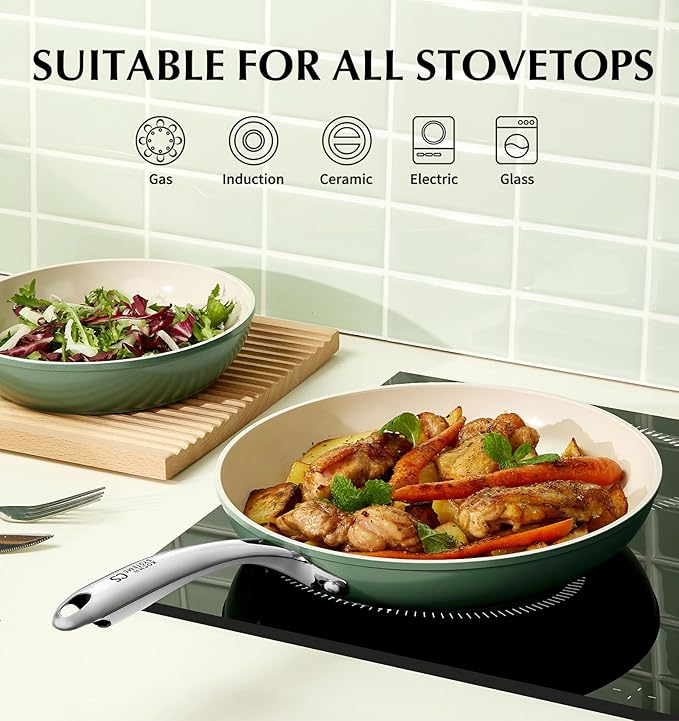 KOCH SYSTEME CS 10 Inch Nonstick Frying Pan with Lid, Non Stick Ceramic Frying Pan with Stay-Cool Stainless Steel Handle, Induction Compatible Skillet, PTFE & PFOA Free, Oven Safe, Sage Green