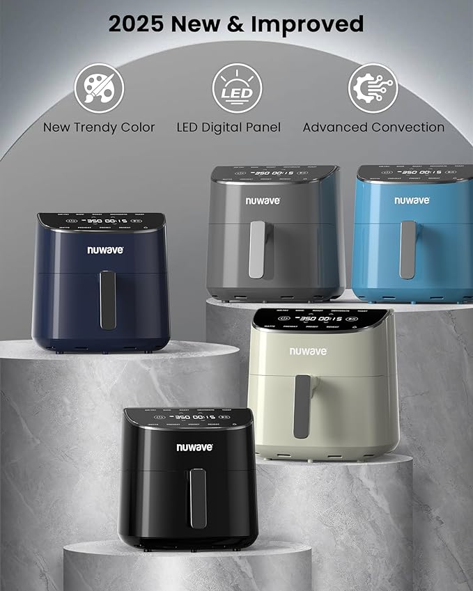 Nuwave Brio Plus Air Fryer 8 Qt, New & Improved, PFAS-FREE, 7 Digital One-Touch Cook Functions that AIR FRY, BAKE, ROAST, DEHYDRATE, TOAST, REHEAT, PREHEAT, 150 Presets, 50°F~400°F (Cream)