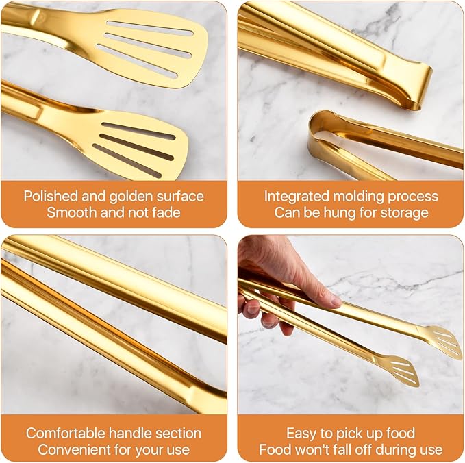 6 Pack Gold Serving Tongs, 12.9 Inch Stainless Steel Salad Tongs, Food Tong Serving Utensils for Cooking Buffet Wedding Party Catering