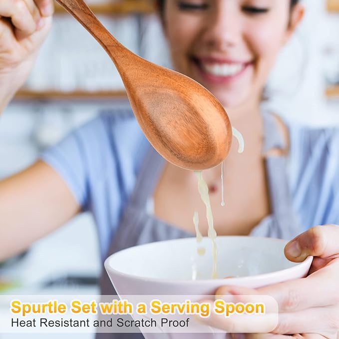 Spurtles Kitchen Tools Wooden, 7Pcs Wooden Spoons for Cooking, Natural Premium Spatula Set, Heat Resistant Cooking Utensil for Nonstick Cookware, Spurtle for Sourdough Starter
