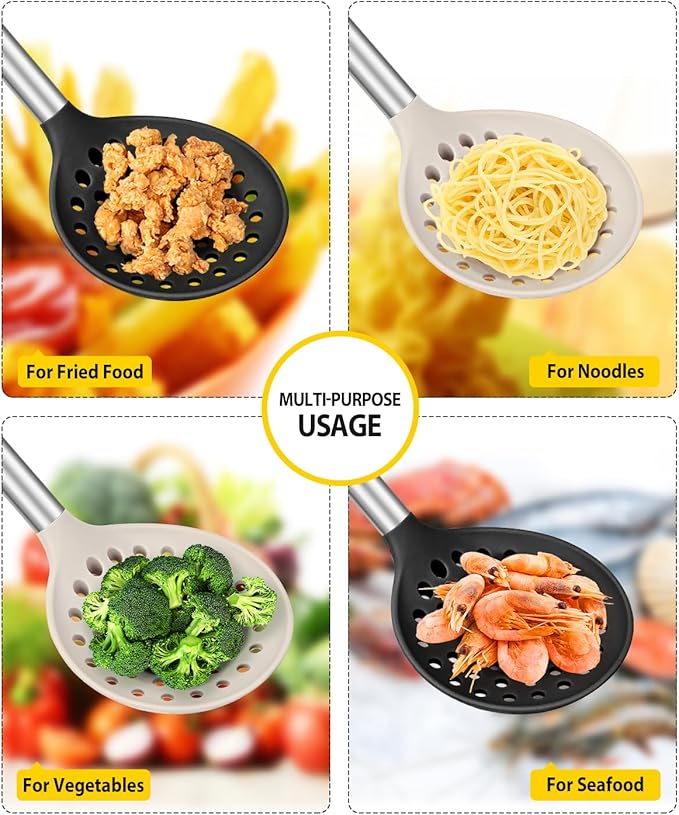 Kitchen Ladle Strainer Set of 2 Large Slotted Spoon with High Heat Resistant BPA Free Non Stick Cooking Skimmers For Draining and Frying (Black-Khaki)