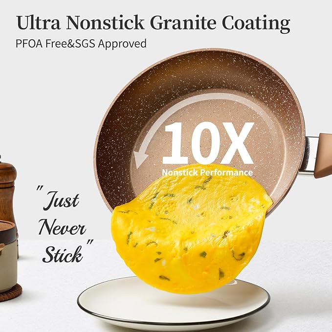 Innwewell Non Stick Frying Pan - Granite Stone Non Stick Skillet, Safe&No Toxic Pans for Cooking, Large Nonstick Cookware Chef's Pan, Induction Compatible, PFOA Free(11inch, Gold)