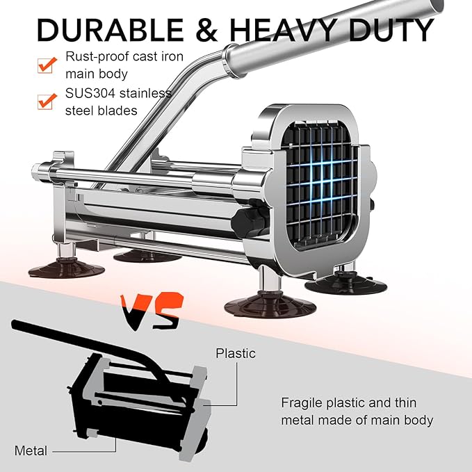 French Fry Cutter, Stainless Steel Potato Cutter with 1/2 Inch and 3/8 Inch Blades, (Manual Cutter, 1/2'' & 3/8'' Blade)