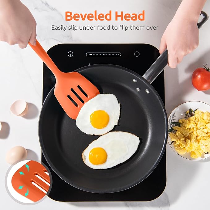 600ºF Heat Resistant Silicone Turners: U-Taste 13.6in Long Solid & Slotted Kitchen Spatula Flipper, Large Flexible Cooking Utensil for Flipping Egg, Pancake in Nonstick Cookware(Orange, 2PCS)