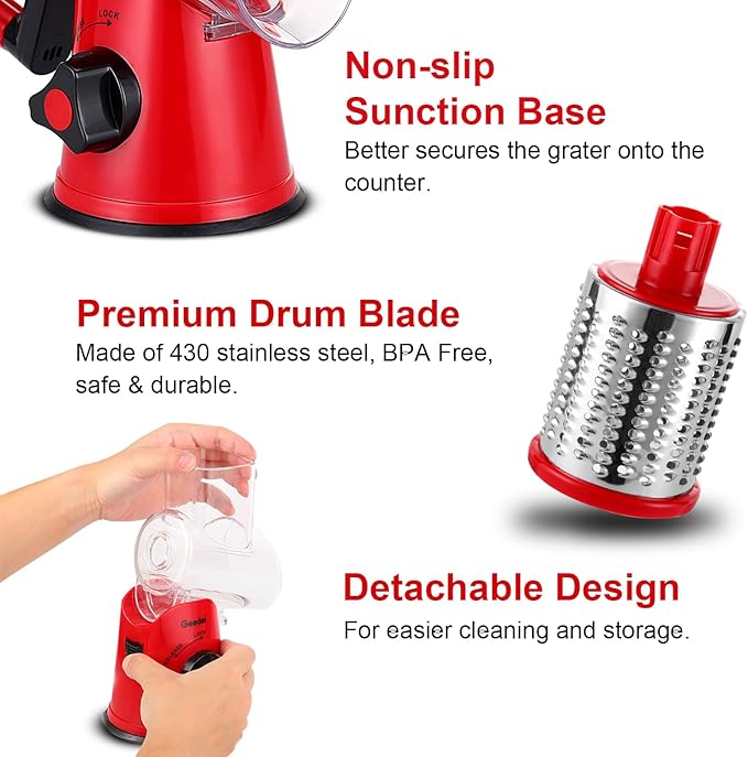 Geedel Rotary Cheese Grater, Kitchen Mandoline Vegetable Slicer with 2 Interchangeable Blades, Easy to Clean Rotary Grater Slicer for Fruit, Vegetables, Nuts