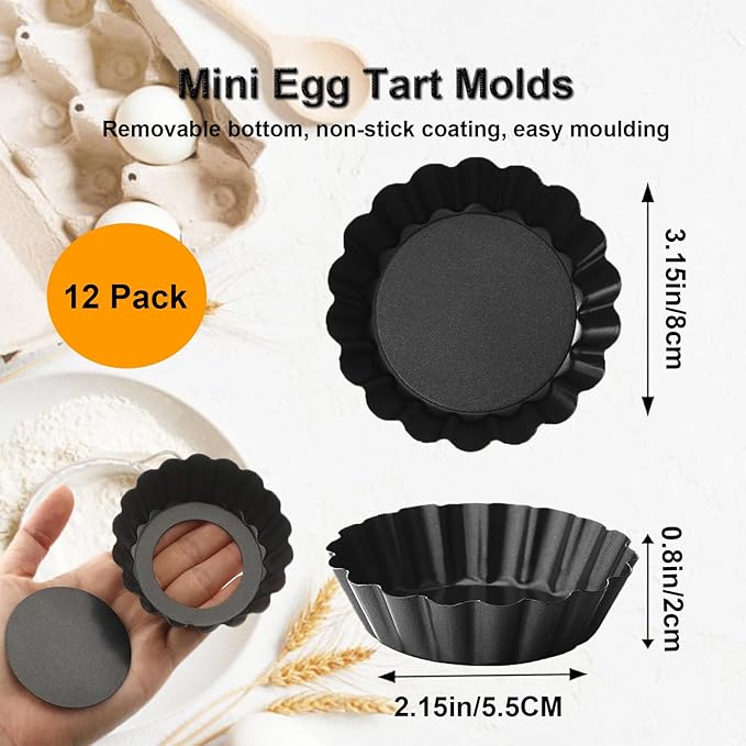 3 Inch Mini Quiche Pans 12 Pack, Round Egg Tart Molds with Removable Bottom. Small Tart Pans w/Non-Stick Coating Rugged Carbon Steel for Tartlets Shells Desert Making Christmas Festival Party