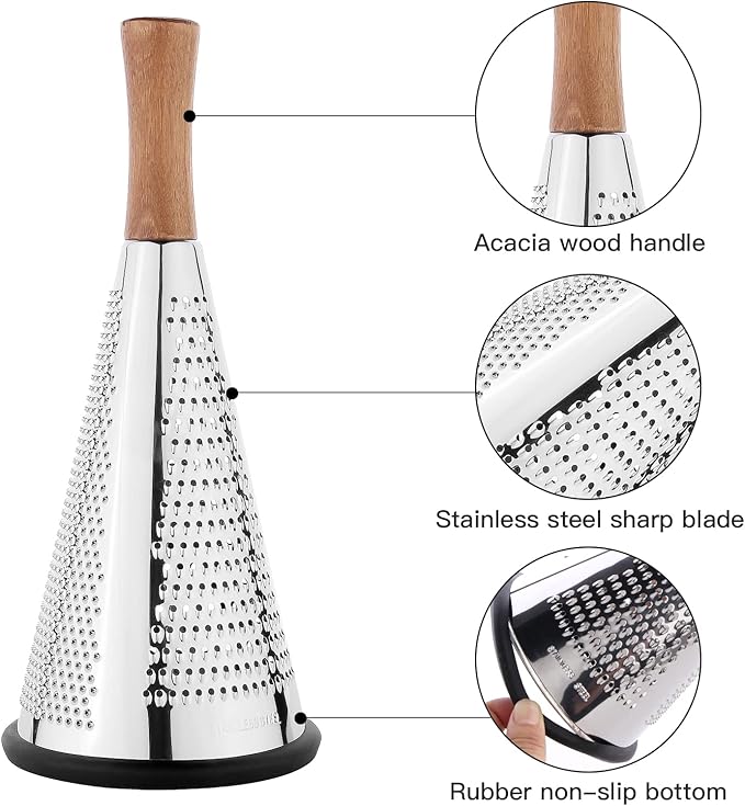Cone Cheese Grater with Handle Stainless Steel Triple Function Wood Handle Parmesan Shaver Non-Slip Rubber Bottom Hand Held Multifunction Vegetables Cheese Grater with container (L: 10.6" X 4.7")