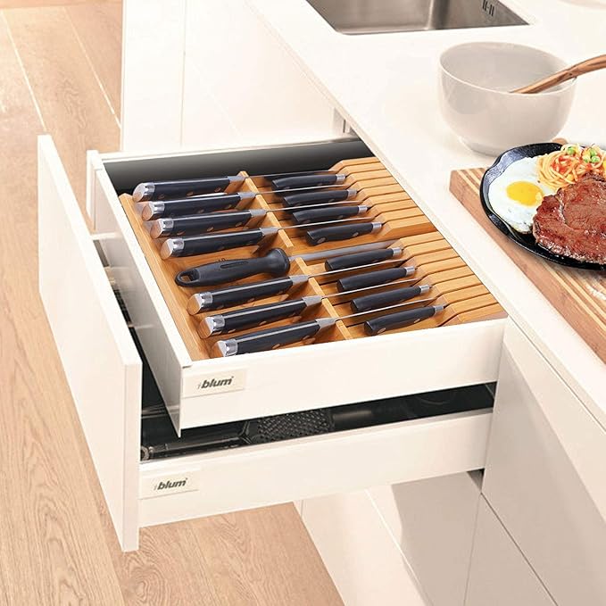 Utoplike In-drawer Knife Block Bamboo Kitchen Knife Drawer Organizer Large, Handle Steak knife Holder without Knives, Fit for 16 Knives and 1 Sharpening Steel (Knives & Sharpening Not Included)