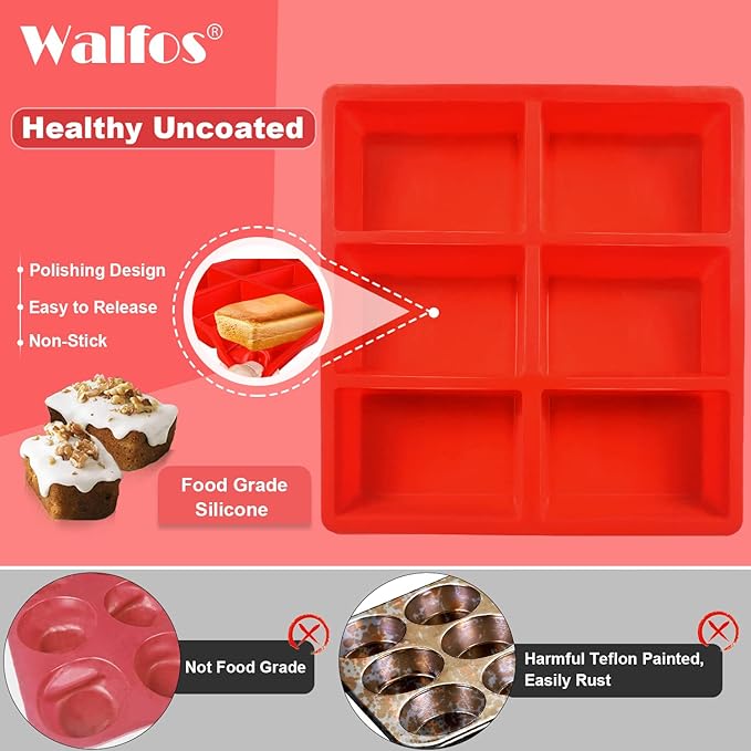 Walfos Silicone Mini Bread Baking Pan 6 Cavities Non-Stick Silicone Mini Loaf Pans 3 pcaks Food Grade Baking Mold For Bread, Cakes, Muffin, Dough, Easy Pop Out and Dishwasher Safe
