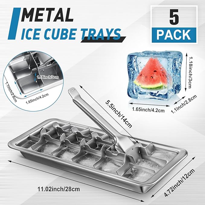 5 Pcs 18 Slot Stainless Steel Ice Cube Maker and Tray Ice Cube Tray for Bars Kitchens Levers Remove Cubes Easy Removal Metal Food Grade Freezer Molds for Food Juice Dishwasher Safe