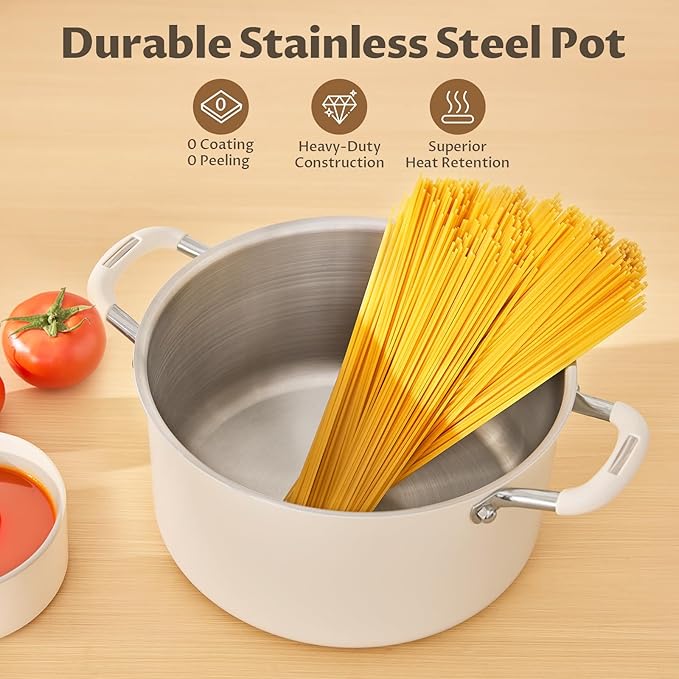 8 Quart Tri-Ply Stainless Steel Stock Pots with Lid, BEZIA Induction Soup Pot with Lid, Large Kitchen Cooking Pots with Silicone Handle, Compatible with All Cooktops, Free of PTFE/PFOA/PFOS