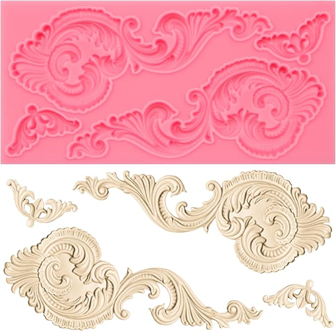 Baroque Scroll Silicone Fondant Mold, Vintage Decorative Pattern for Cake Decorating, Pink
