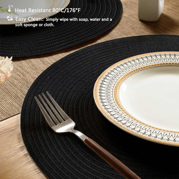 FunWheat Round Braided Placemats Set of 6 Place mats for Dining Tables Woven Heat Resistant Table Mats 15 inch (Black,6pcs)