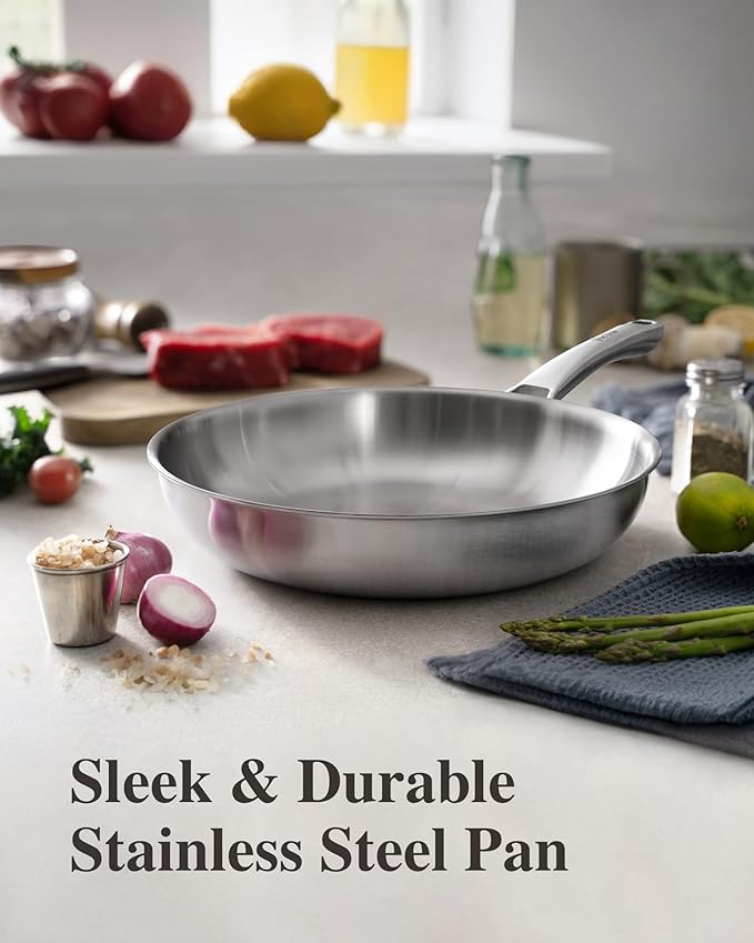 Tri-Ply Stainless Steel Frying Pans Set with Lid,PFOA&PTFE Free Skillets,Chef's Pan Set(8+10+12inch) Frying Pans for cooking,Induction Cookware Sets,Dishwasher and Oven Safe Kitchen set