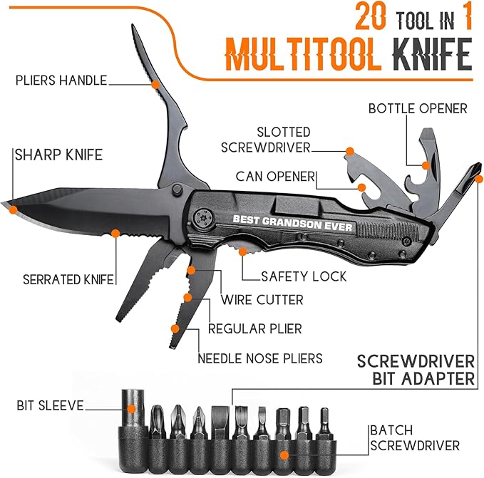 Grandson Gifts from Grandma, Multitool Knife, Grandson Gifts, Grandsons Christmas Practical Gift, Gift for Camping, Hiking, Fishing, 20 in 1 Multitool