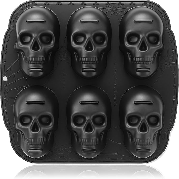 HKNMTT Skull Silicone Baking Pan for Halloween Pizza Cake, 6 Cavities 3D Large Molds, Nonstick Skeleton Head for Soap Ice Tray Oven Safe