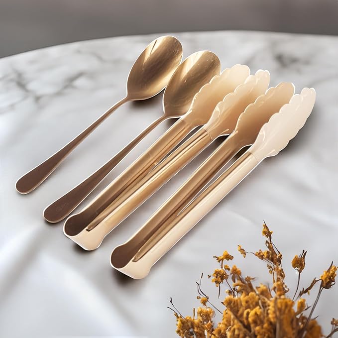 12PCS Stainless Steel Serving Utensils Sets with 8 Large Serving Spoons,4 Serving Tongs,Gold Serving Utensills Sets for Buffet Catering Banquet Party (Gold)