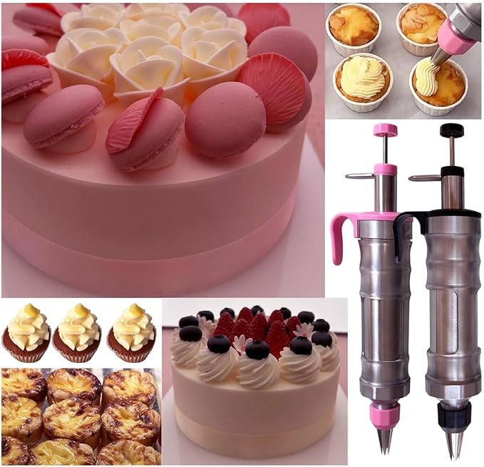 Dessert Decorating Piping Syringe Set Cake Decorating Tool Cookie Gun Press,Icing Decoration Gun,Frosting Piping Kit 6 Piping Icing Nozzles for Baking,Decorating Cupcake,Deviled Eggs (Silver & Pink)