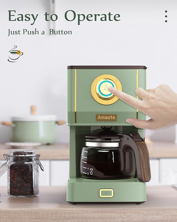 Amaste Drip Coffee Maker, Coffee Machine with 25 Oz Glass Coffee Pot, Retro Style Coffee Maker with Reusable Filter & Three Brewing Modes, 30minute-Warm-Keeping, Matcha Green