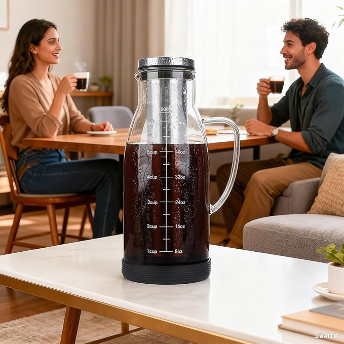 Airtight Cold Brew Coffee Maker Pitcher 51oz, Glass Iced Coffee Maker Pitcher with Removable Stainless Steel Filter and Non-Slip Base, 1.5L Iced Tea Maker