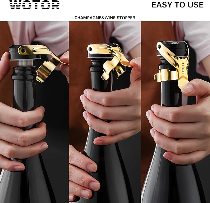 WOTOR Champagne&Wine Bottle Stoppers Stainless Steel with Food Grade Silicone, Leak Proof Keep Fresh Reusable Saver, Cork Suitable for Wine, Champagne, Cava, Prosecco and Sparkling (12 Pack Gold）