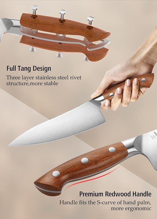 HEZHEN Pro Chefs Knives 8.3 Inch,High Carbon German 1.4116 Steel,Stainless Steel Rivets with Red Wood Handle，Razor Sharp,Super Edge,with Woodern Knife Sheath