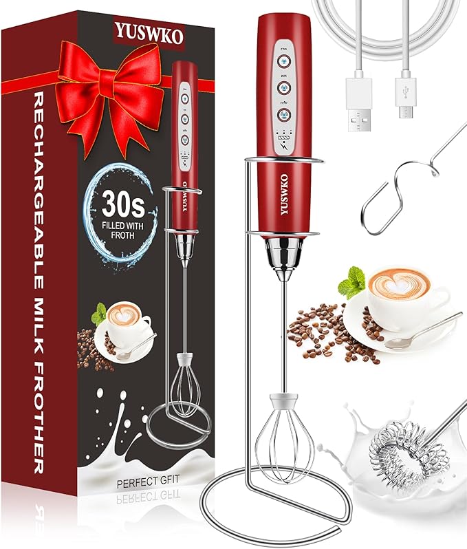 YUSWKO Milk Frother Handheld for Coffee with Stand, Rechargeable Drink Mixer with 3 Heads 3 Speeds Electric Coffee Frother Whisk, Gift for Many Occasions and Festival