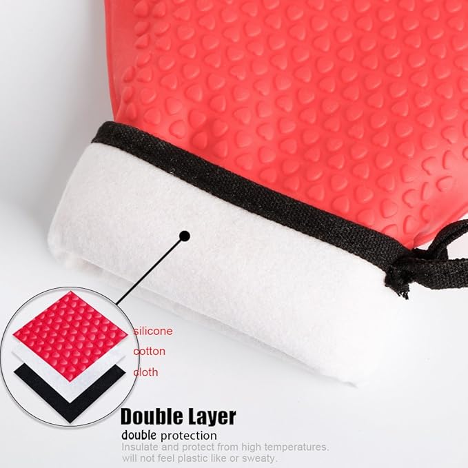 Kitchen Oven Gloves - Dual-Layer Heat Resistant Grilling Gloves, Silicone Oven Mitts with 5 Fingers, Waterproof Non-Slip Pot Holder for Barbecue, Cooking, Baking (Red)