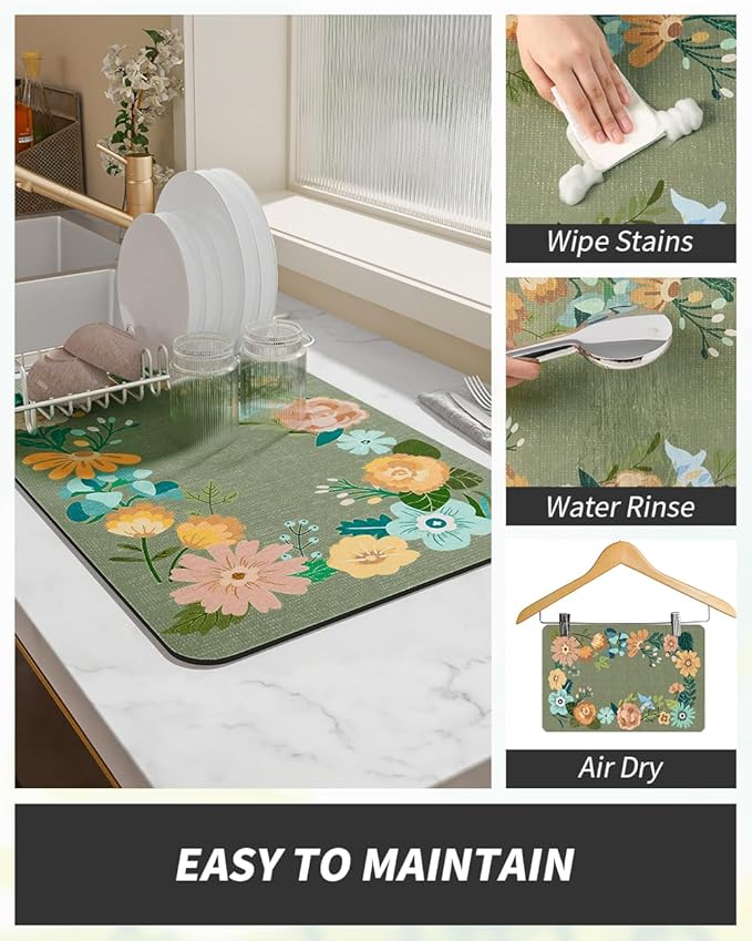 AMOAMI Coffee Mat Hide Stain Rubber Backed Absorbent Dish Drying Mat for Kitchen Counter - Fits Under Coffee Maker - Floral GREEN 12X19
