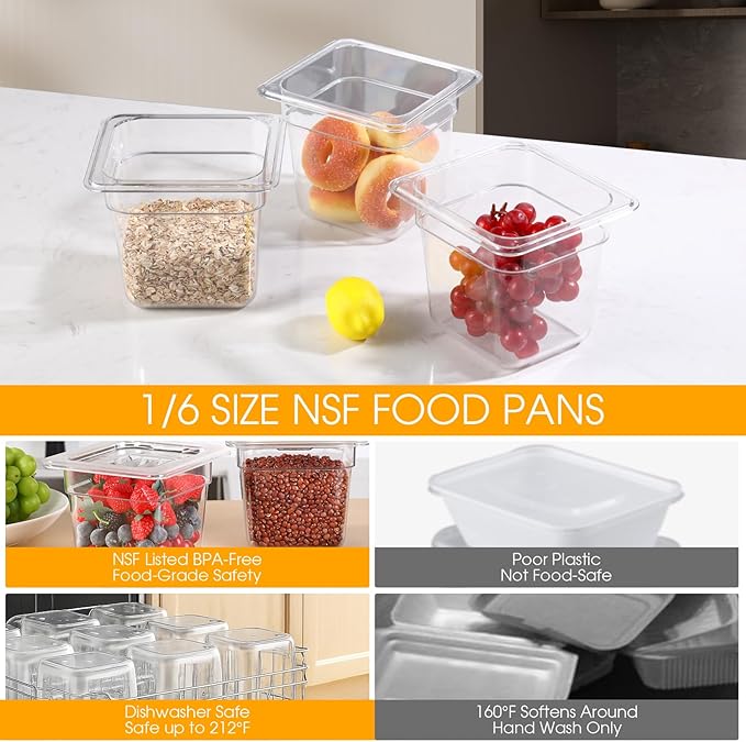 12 Pack 6'' Deep NSF Food Pans 1/6 Size | Commercial Food Storage Containers | Polycarbonate Plastic Pans for Restaurant | Commercial Grade for Food Prep | Clear