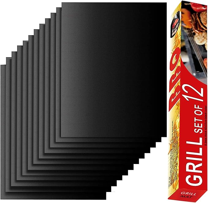 Renook Set of 12 Grill Mats for Outdoor Grill, BBQ Grilling Mat for Gas Grill, Non-Stick Cooking Sheets, Oven Liners, 15.75 X 13 Inch