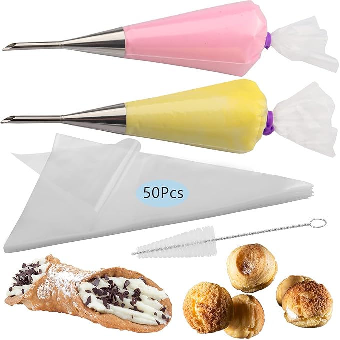 2Pcs Cream Icing Piping Nozzle Tip Stainless Steel,Long Puff Nozzle Tip with 50Pcs Disposable Pastry Piping Bags Cupcake and Puff Filling Kit Decorating Tool Supplies