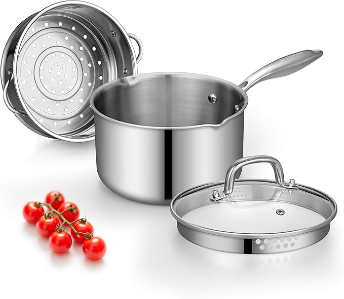 Tri-Ply Stainless Steel Sauce Pan with Steamer Basket & Straining Glass Lid — Heavy-Duty,Thick Base,Rust-Resistant,Warp-Free —100% Food-Grade —Built to Last– Works with All Stovetops, Pasta Pot 3.5 QT