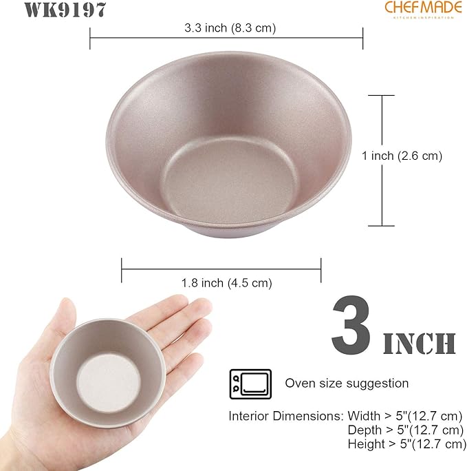 CHEFMADE Mini Pudding Pan Set, 3-Inch 4Pcs Non-Stick Egg Tart Mold Round Mini Cake and Loaf Bakeware for Oven and Instant Pot Baking (Champagne Gold)