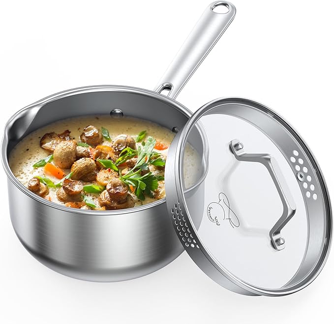 PekGema Stainless Steel Saucepan 2.5 Quart with Glass Strainer Lid, Thicken Tri-ply Full Sauce Pot, Two Side Spouts for Easy Pour, Dishwasher Safe, Induction Ready, Compatible with All Cooktops