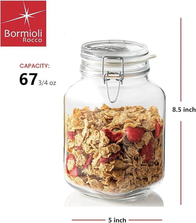 Bormioli Rocco 149240M02121197 Fido Glass Canning Jar Italian 67¾ oz-2 Liter (2 Pack), (Pack of 2), Clear