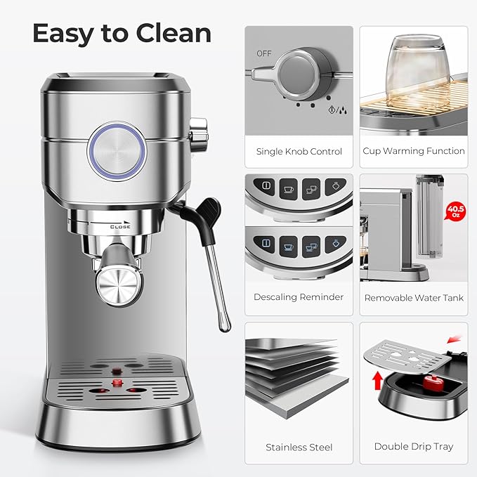 20 Bar Espresso Machine, Compact Espresso Coffee Maker with Milk Frother for Latte/Cappuccino, Auto Clean/40.5oz Removable Tank/Auto Shut-Off, Espresso Maker for Home/Office, Stainless Steel